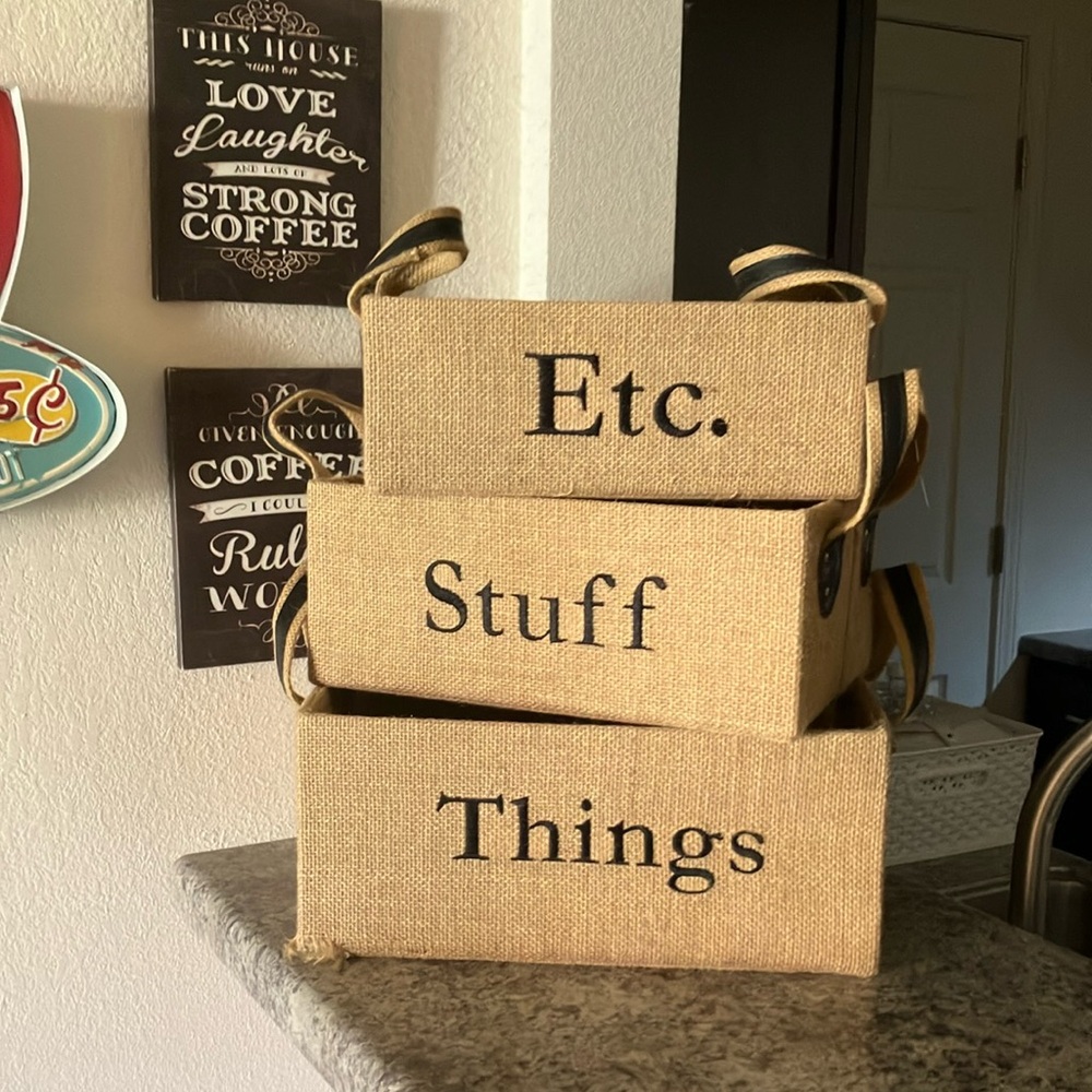 Natural Burlap Storage Bins - Set of 3